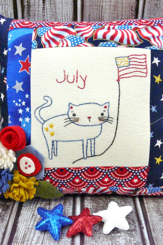 patriotic cat flag embroidery pattern with felt flowers