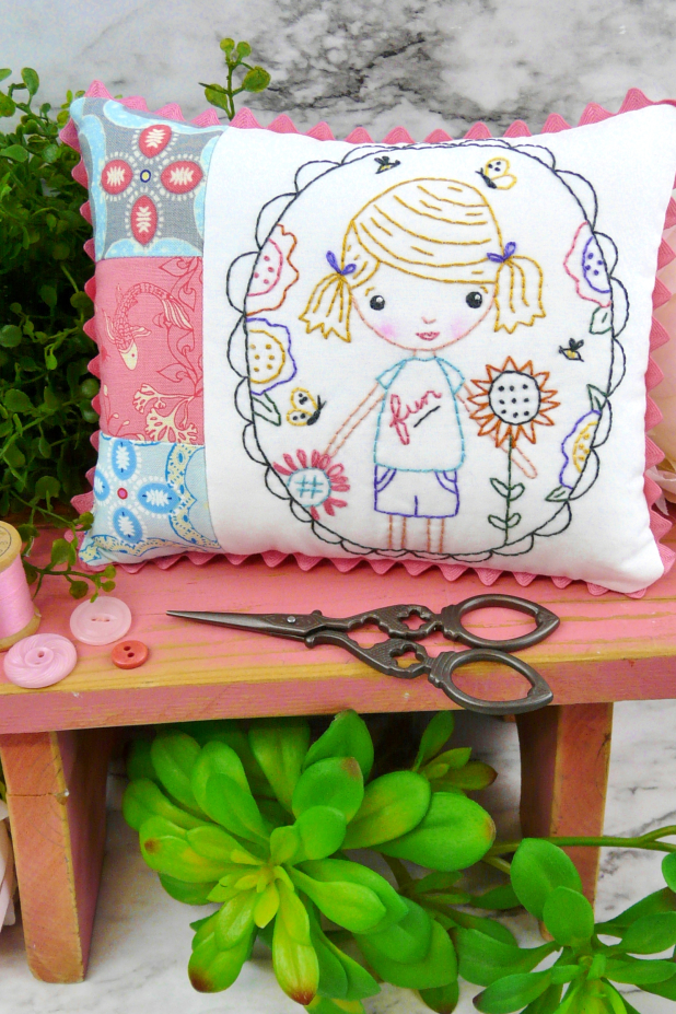 fun girl in the garden embroidery pattern