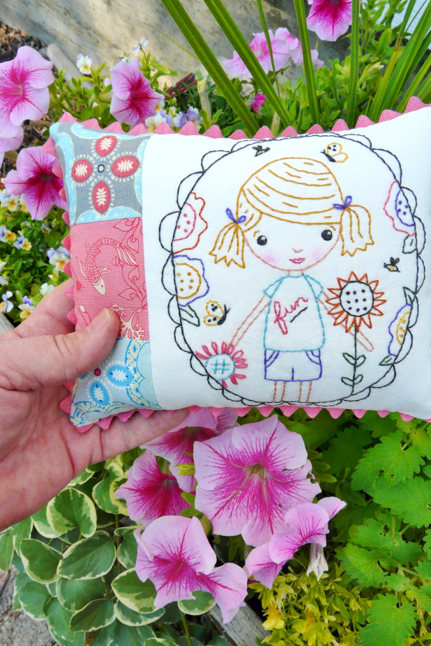 fun girl in the garden embroidery pillow pattern