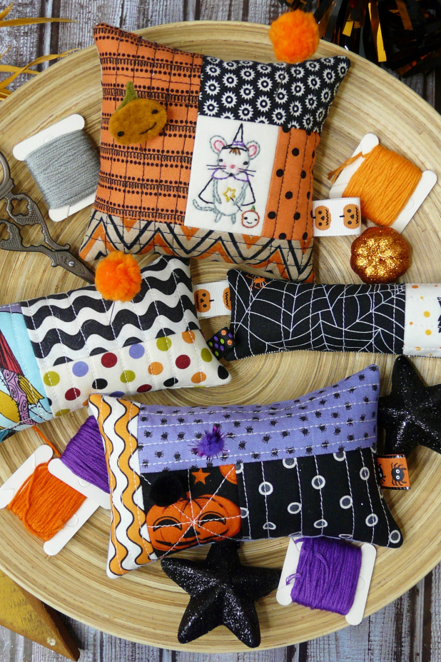 halloween quilted pincushions 4 designs Halloween Pinnie- Embroidery & quilted pincushion pattern #421
