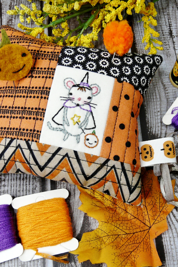 halloween quilted pincushions 4 designs Halloween Pinnie- Embroidery & quilted pincushion pattern #421