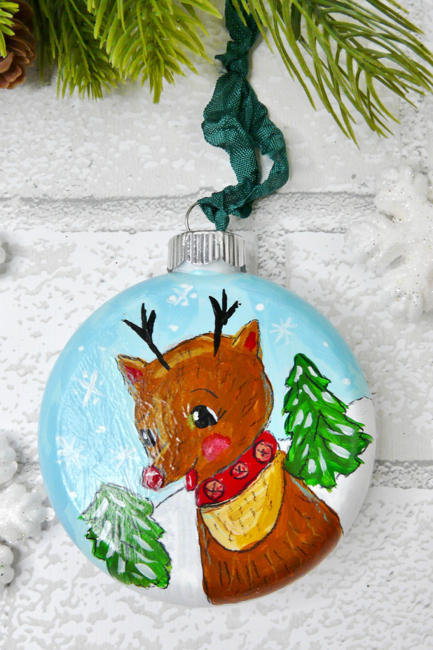 Rudolph deer christmas ornament - tree -snow ornie hand painted reindeer red nose ornie