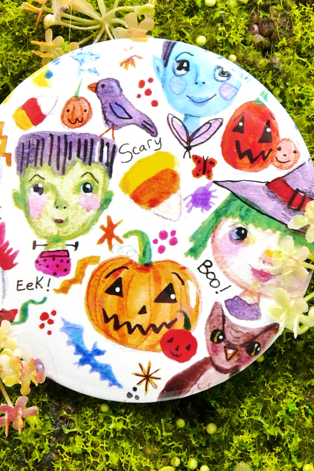 Halloween gang art button 3 inches - Pin Painting Print - art artwork vibrant inch watercolor Frankenstein pumpkin witch Halloween gang art button 3 inches - Pin Painting Print - art artwork vibrant in