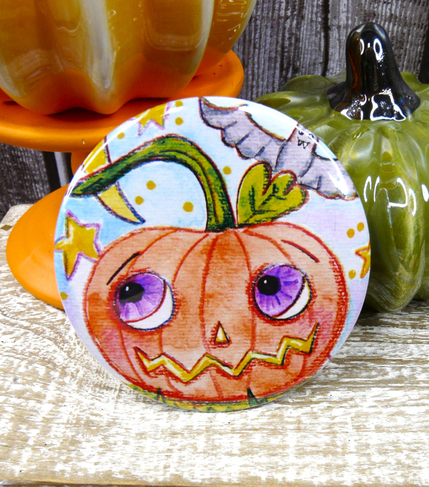 Pumpkin art button 3 inches - Halloween Pin Painting Pumpkin art button 3 inches - Halloween Pin Painting