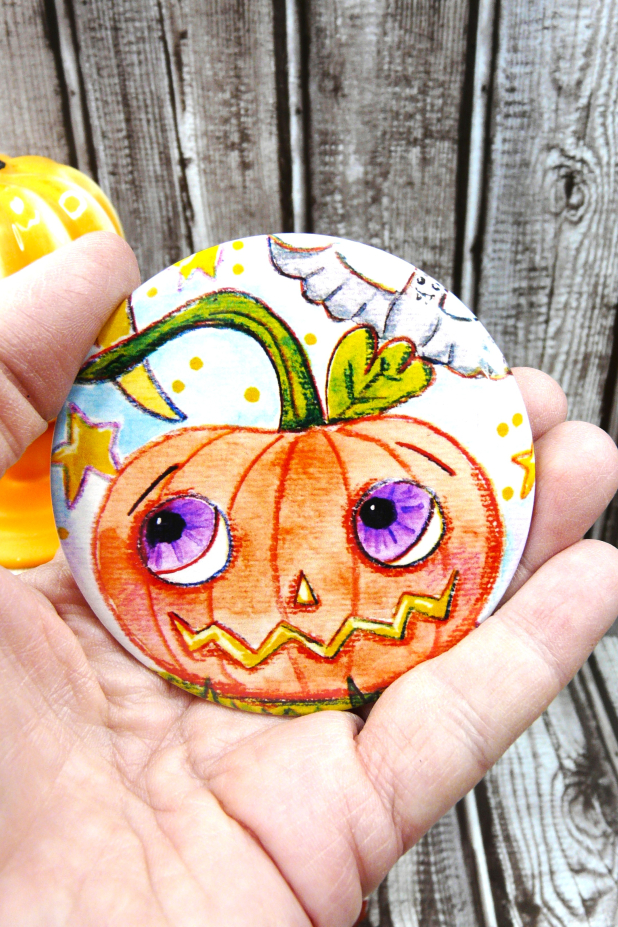 Pumpkin art button 3 inches - Halloween Pin Painting Pumpkin art button 3 inches - Halloween Pin Painting