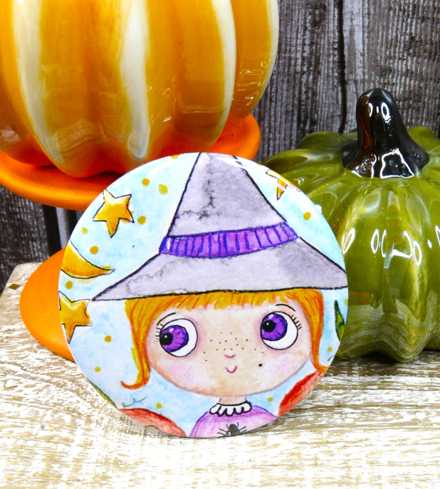 Sweet Witch art button 3 inches - Halloween Pin Painting Print - art artwork vib