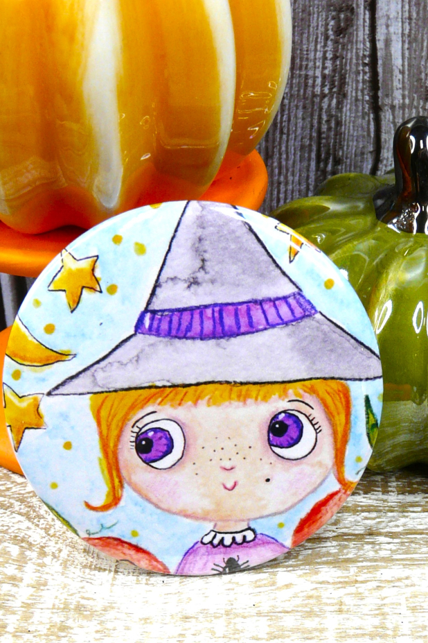 Sweet Witch art button 3 inches - Halloween Pin Painting Print - art artwork vibrant inch watercolor Sweet Witch art button 3 inches - Halloween Pin Painting Print - art artwork vib