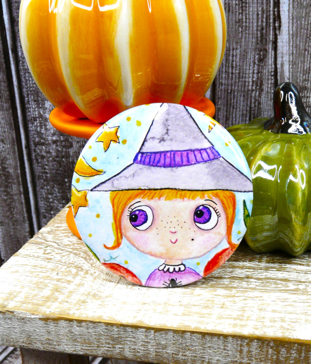 Sweet Witch art button 3 inches - Halloween Pin Painting Print - art artwork vib