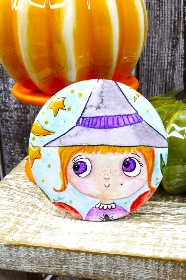 Sweet Witch art button 3 inches - Halloween Pin Painting Print - art artwork vibrant inch watercolor Sweet Witch art button 3 inches - Halloween Pin Painting Print - art artwork vib