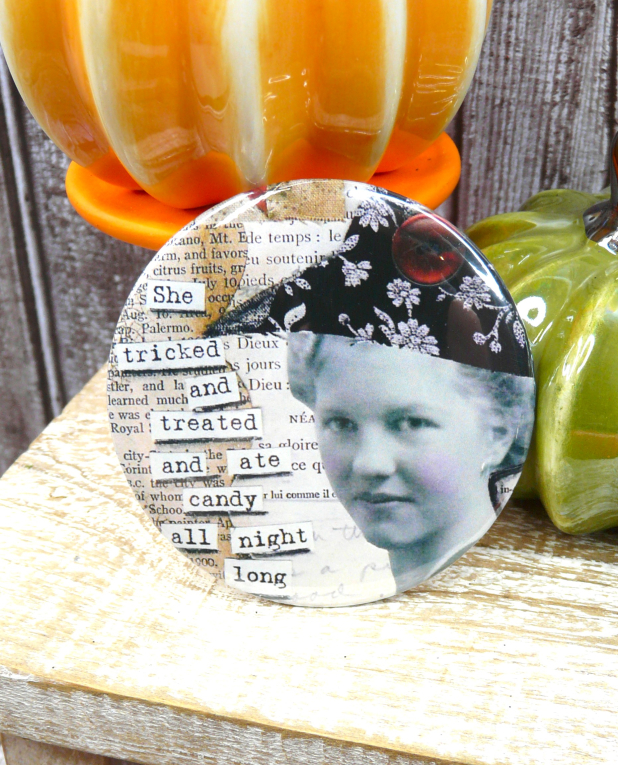 Witch trick treat art button 3 inches - Halloween Pin collage