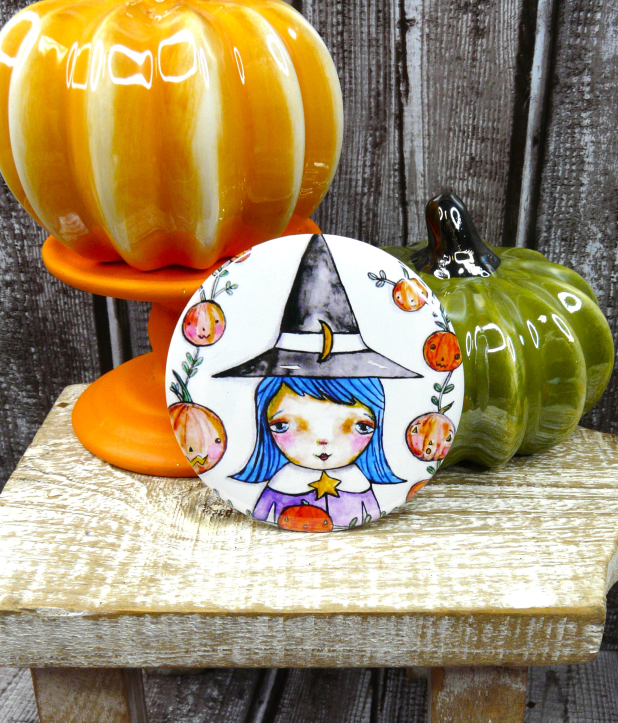 Blue Witch art button 3 inches - Halloween Pin Painting Print