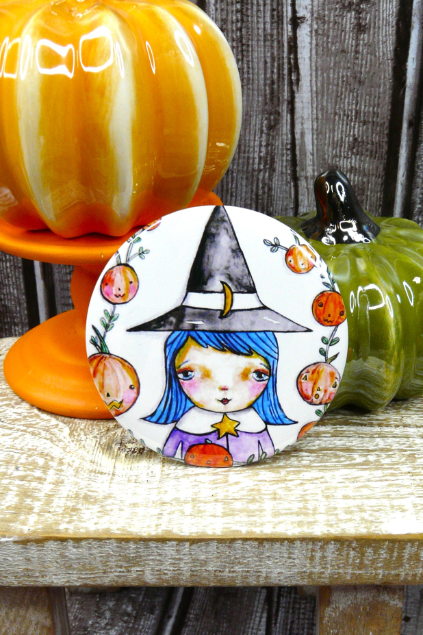 Blue Witch art button 3 inches - Halloween Pin Painting Print Blue Witch art button 3 inches - Halloween Pin Painting Print