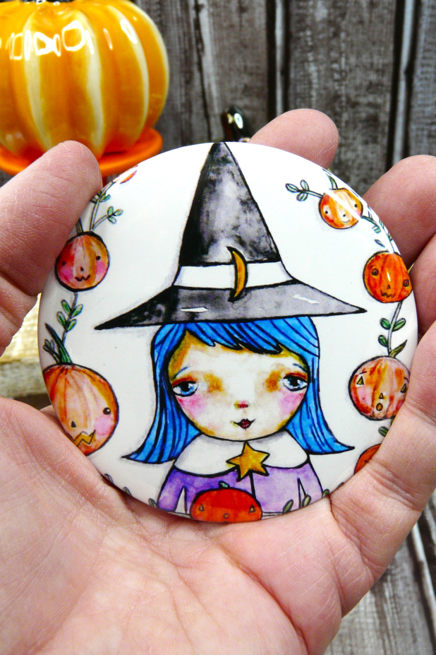 Blue Witch art button 3 inches - Halloween Pin Painting Print Blue Witch art button 3 inches - Halloween Pin Painting Print