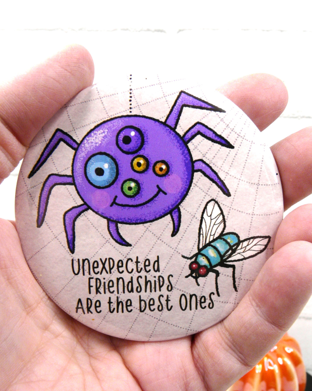 spider & Fly art button 3 inches - Halloween Pin spider & Fly art button 3 inches - Halloween Pin