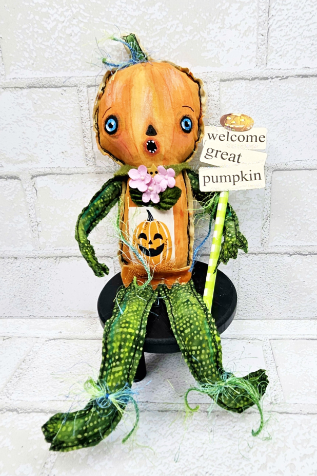 scary pumpkin art doll muslin painted ooak collectable