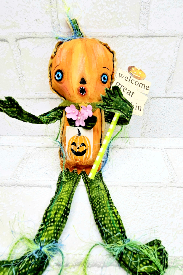 scary pumpkin art doll muslin painted ooak collectable