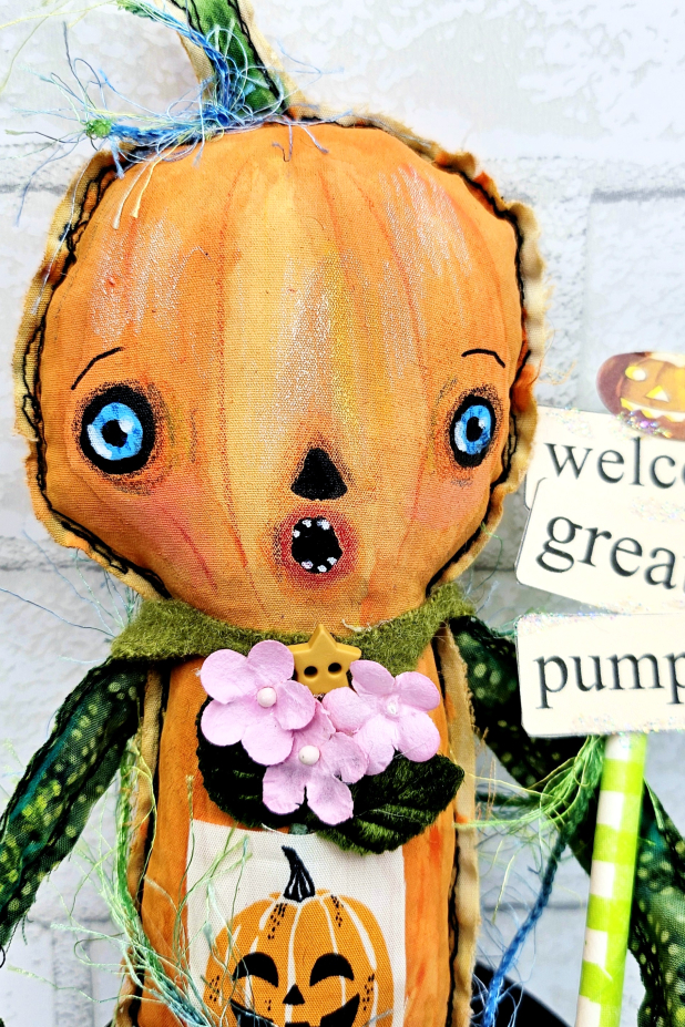 scary pumpkin art doll muslin painted ooak collectable