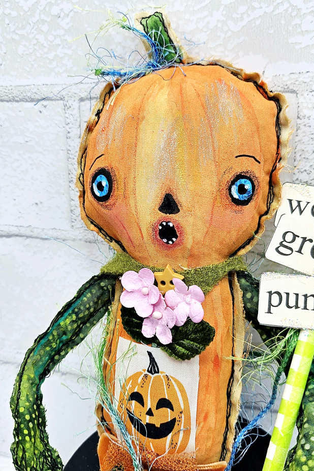 scary pumpkin art doll muslin painted ooak collectable