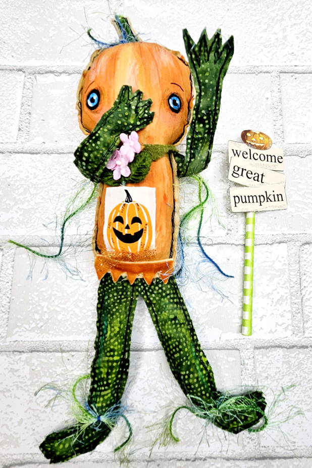 scary pumpkin art doll muslin painted ooak collectable