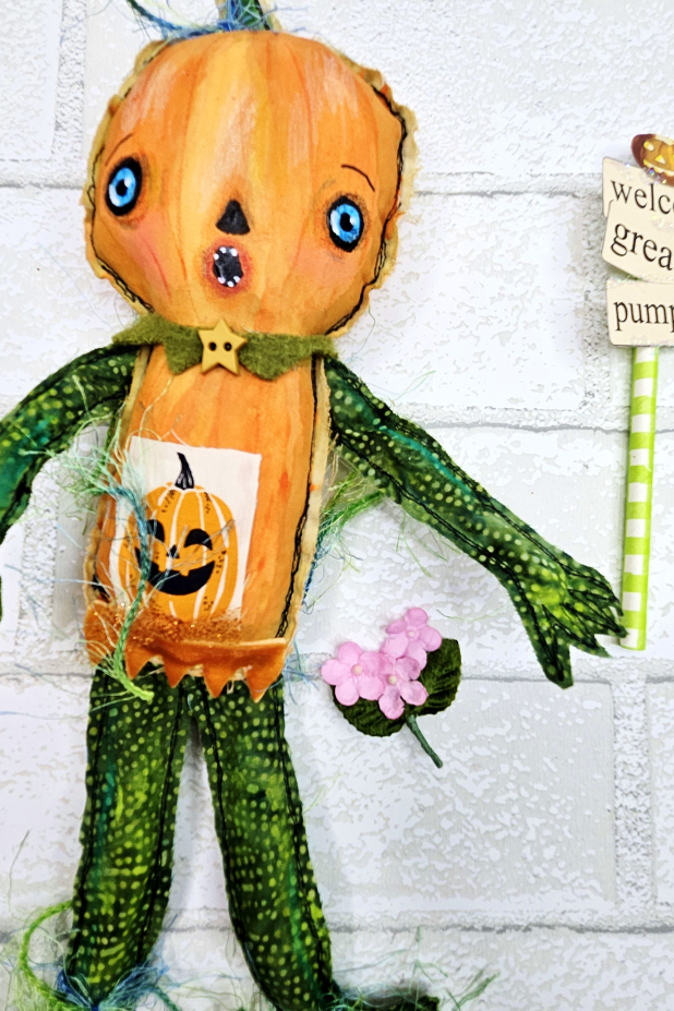 scary pumpkin art doll muslin painted ooak collectable
