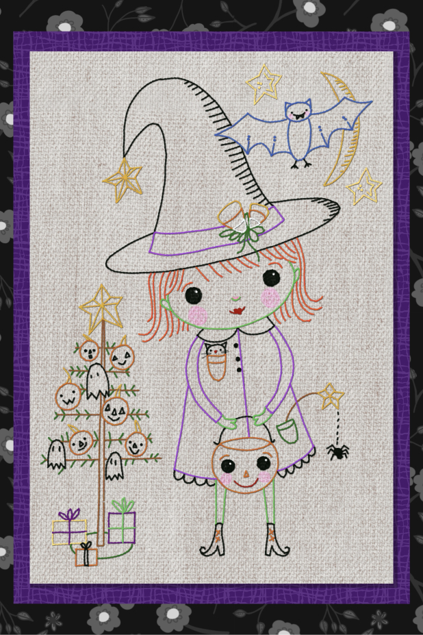 Witch's Halloween hand embroidery stitchery scene pattern