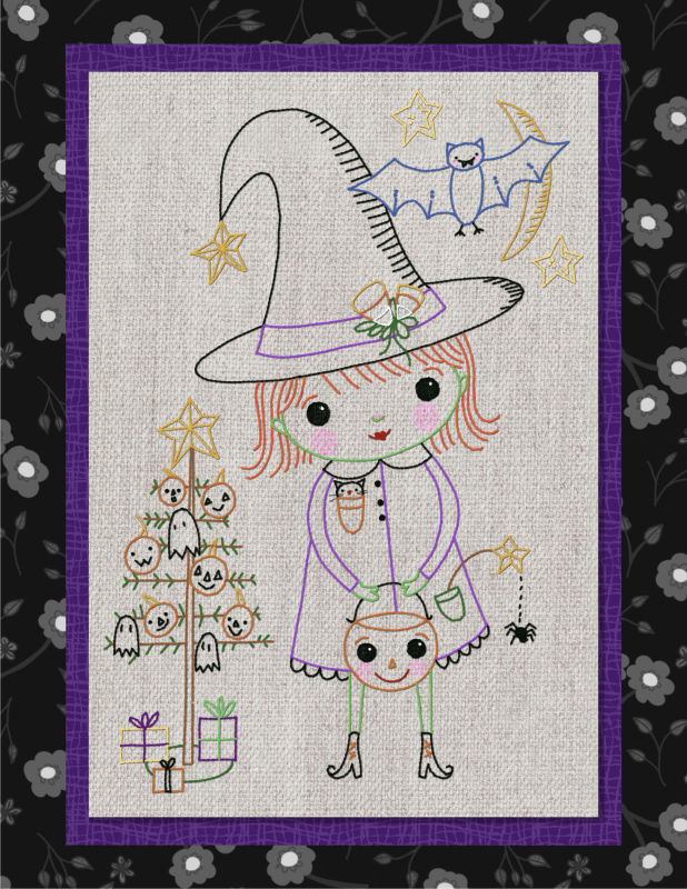 Witch's Halloween hand embroidery stitchery scene pattern