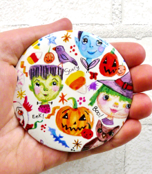Halloween gang art button 3 inches - Pin Painting Print - art artwork vibrant in