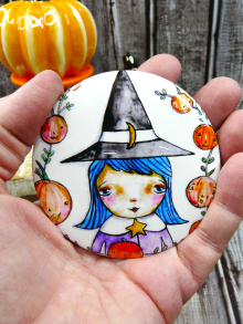 Blue Witch art button 3 inches - Halloween Pin Painting Print